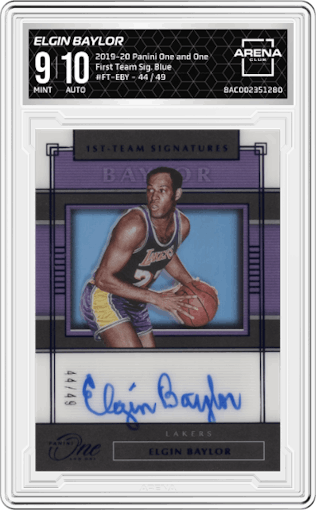 Elgin Baylor from the 2019-20 Panini One and One set featuring a Blue parallel graded by Arena Club and given an overall grade of 9.