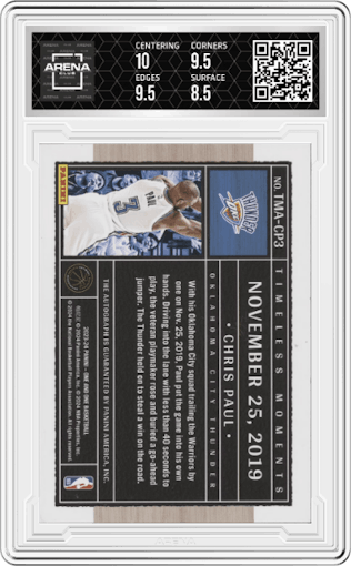 Chris Paul from the 2023-24 Panini One and One set featuring a Purple parallel graded by Arena Club and given an overall grade of 9.