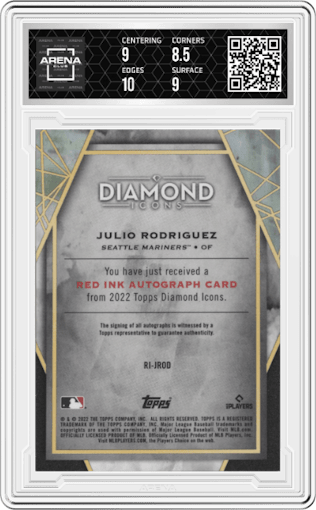 Julio Rodriguez from the 2022 Topps Diamond Icons set graded by Arena Club and given an overall grade of 9.
