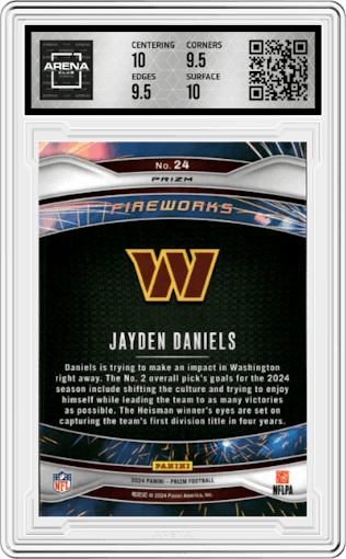 Jayden Daniels from the 2024 Panini Prizm set featuring a No Huddle parallel graded by Arena Club and given an overall grade of 10.