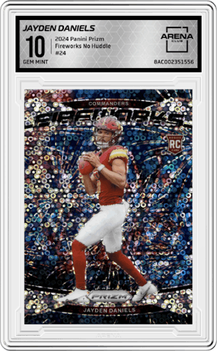 Jayden Daniels from the 2024 Panini Prizm set featuring a No Huddle parallel graded by Arena Club and given an overall grade of 10.
