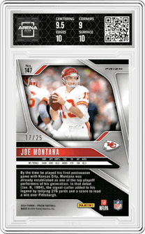 Joe Montana from the 2024 Panini Prizm set featuring a Blue Shimmer parallel graded by Arena Club and given an overall grade of 9.5.