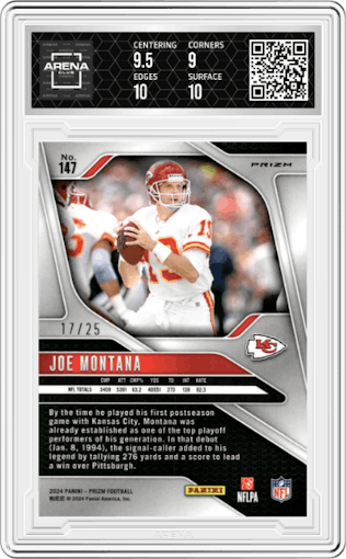 Joe Montana from the 2024 Panini Prizm set featuring a Blue Shimmer parallel graded by Arena Club and given an overall grade of 9.5.