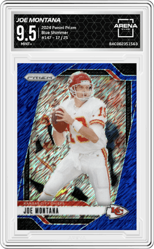 Joe Montana from the 2024 Panini Prizm set featuring a Blue Shimmer parallel graded by Arena Club and given an overall grade of 9.5.