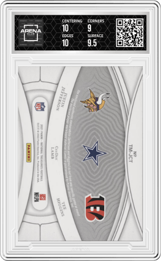 Justin Jefferson/CeeDee Lamb/Tee Higgins from the 2021 Panini National Treasures set graded by Arena Club and given an overall grade of 9.5.