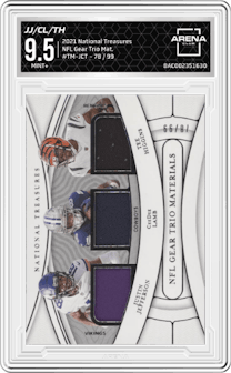 Justin Jefferson/CeeDee Lamb/Tee Higgins from the 2021 Panini National Treasures set graded by Arena Club and given an overall grade of 9.5.
