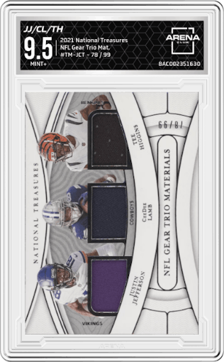 Justin Jefferson/CeeDee Lamb/Tee Higgins from the 2021 Panini National Treasures set graded by Arena Club and given an overall grade of 9.5.