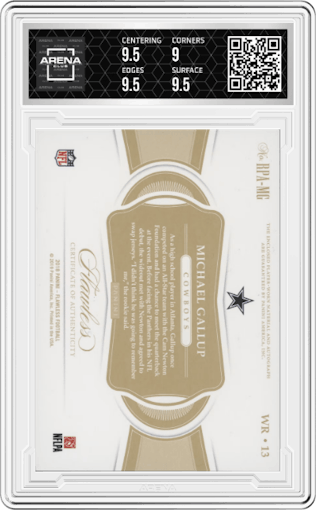 Michael Gallup from the 2018 Panini Flawless set featuring a Ruby parallel graded by Arena Club and given an overall grade of 9.5.