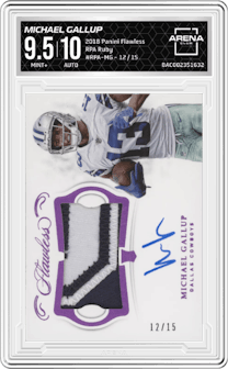 Michael Gallup from the 2018 Panini Flawless set featuring a Ruby parallel graded by Arena Club and given an overall grade of 9.5.