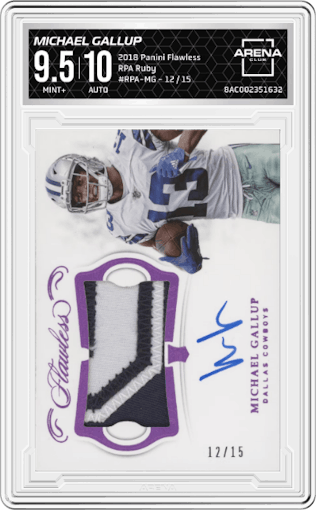 Michael Gallup from the 2018 Panini Flawless set featuring a Ruby parallel graded by Arena Club and given an overall grade of 9.5.