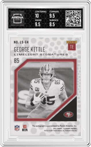 George Kittle from the 2021 Panini Illusions set featuring a Red parallel graded by Arena Club and given an overall grade of 9.