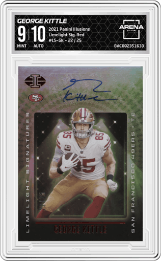George Kittle from the 2021 Panini Illusions set featuring a Red parallel graded by Arena Club and given an overall grade of 9.