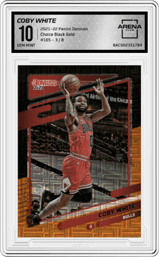 Coby White from the 2021-22 Panini Donruss set featuring a Choice Black Gold parallel graded by Arena Club and given an overall grade of 10.
