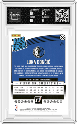 Luka Doncic from the 2018-19 Panini Donruss  set graded by Arena Club and given an overall grade of 9.5.