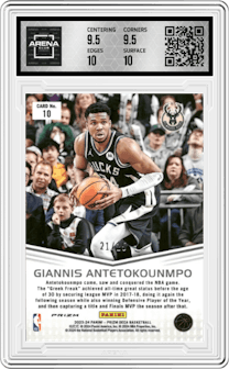 Giannis Antetokounmpo from the 2023-24 Panini Prizm Deca set featuring a Mojo  parallel graded by Arena Club and given an overall grade of 10.