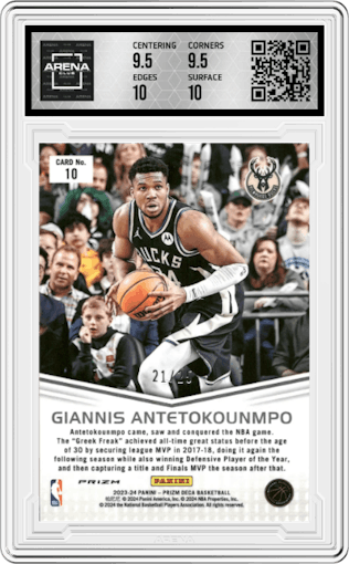 Giannis Antetokounmpo from the 2023-24 Panini Prizm Deca set featuring a Mojo  parallel graded by Arena Club and given an overall grade of 10.