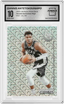 Giannis Antetokounmpo from the 2023-24 Panini Prizm Deca set featuring a Mojo  parallel graded by Arena Club and given an overall grade of 10.