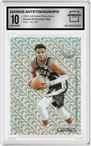 Giannis Antetokounmpo from the 2023-24 Panini Prizm Deca set featuring a Mojo  parallel graded by Arena Club and given an overall grade of 10.