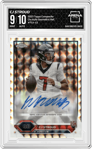 CJ Stroud from the 2023 Topps Composite set featuring a Geometric Refractor parallel graded by Arena Club and given an overall grade of 9.