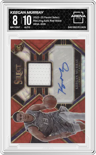 Keegan Murray from the 2022-23 Panini Select set featuring a Red Wave parallel graded by Arena Club and given an overall grade of 8.