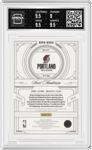 Scoot Henderson from the 2023-24 Panini National Treasures set graded by Arena Club and given an overall grade of 9.5.