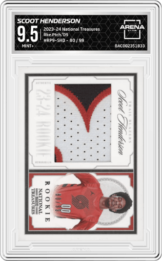 Scoot Henderson from the 2023-24 Panini National Treasures set graded by Arena Club and given an overall grade of 9.5.