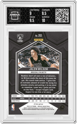 Jalen Wilson from the 2023-24 Panini Mosaic set featuring a White Sparkle parallel graded by Arena Club and given an overall grade of 9.5.
