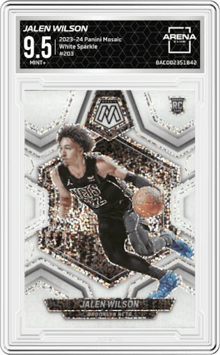 Jalen Wilson from the 2023-24 Panini Mosaic set featuring a White Sparkle parallel graded by Arena Club and given an overall grade of 9.5.