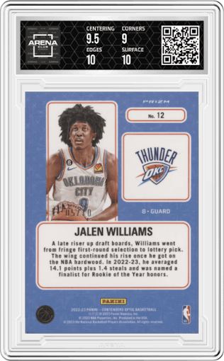 Jalen Williams from the 2022-23 Panini Contenders Optic set featuring a Gold parallel graded by Arena Club and given an overall grade of 9.5.