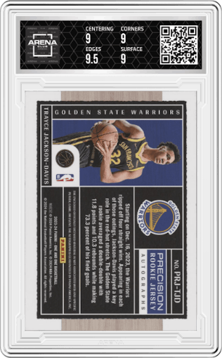 Trayce Jackson-Davis from the 2023-24 Panini One and One set featuring a Gold parallel graded by Arena Club and given an overall grade of 9.