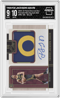 Trayce Jackson-Davis from the 2023-24 Panini One and One set featuring a Gold parallel graded by Arena Club and given an overall grade of 9.
