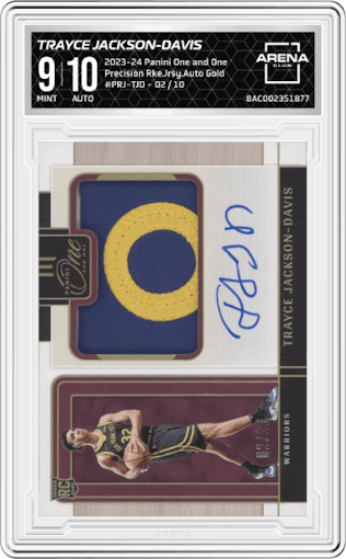 Trayce Jackson-Davis from the 2023-24 Panini One and One set featuring a Gold parallel graded by Arena Club and given an overall grade of 9.