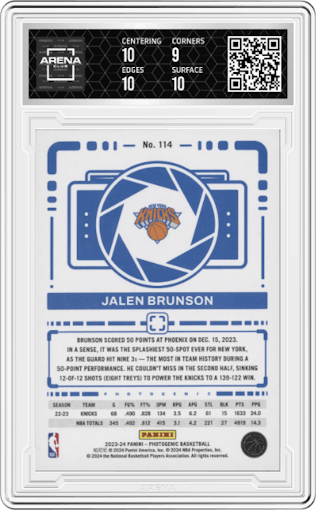 Jalen Brunson from the 2023-24 Panini Photogenic set featuring a Gold parallel graded by Arena Club and given an overall grade of 9.5.