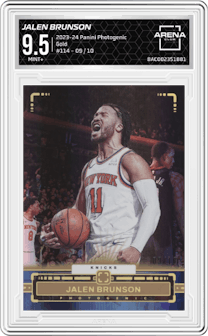 Jalen Brunson from the 2023-24 Panini Photogenic set featuring a Gold parallel graded by Arena Club and given an overall grade of 9.5.