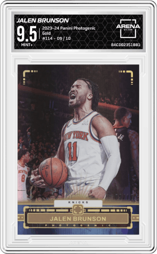 Jalen Brunson from the 2023-24 Panini Photogenic set featuring a Gold parallel graded by Arena Club and given an overall grade of 9.5.