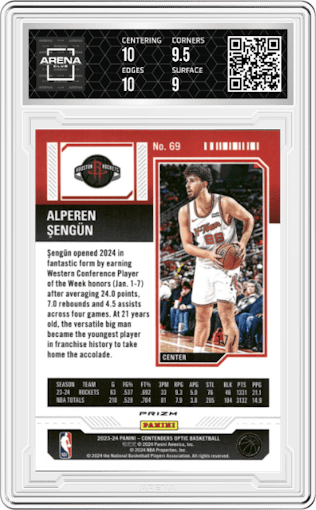 Alperen Sengun from the 2023-24 Panini Contenders Optic set featuring a Purple FOTL parallel graded by Arena Club and given an overall grade of 9.5.