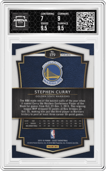 Stephen Curry from the 2015-16 Panini Select  set featuring a Silver Prizm parallel graded by Arena Club and given an overall grade of 7.5.