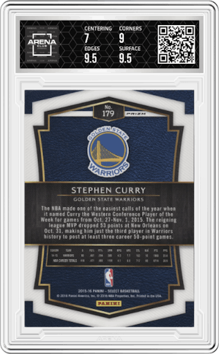 Stephen Curry from the 2015-16 Panini Select  set featuring a Silver Prizm parallel graded by Arena Club and given an overall grade of 7.5.