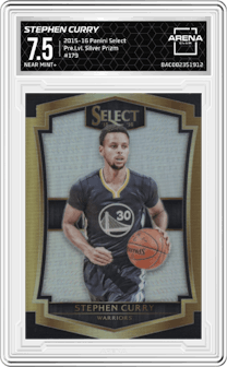 Stephen Curry from the 2015-16 Panini Select  set featuring a Silver Prizm parallel graded by Arena Club and given an overall grade of 7.5.