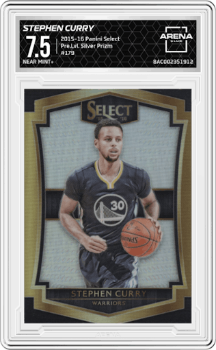 Stephen Curry from the 2015-16 Panini Select  set featuring a Silver Prizm parallel graded by Arena Club and given an overall grade of 7.5.