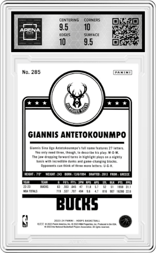 Giannis Antetokounmpo from the 2023-24 Panini NBA Hoops set featuring a Hyper Gold  parallel graded by Arena Club and given an overall grade of 10.
