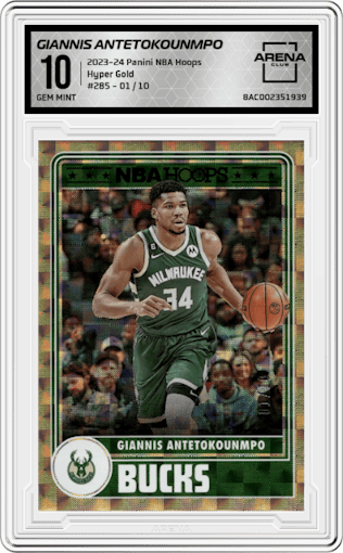 Giannis Antetokounmpo from the 2023-24 Panini NBA Hoops set featuring a Hyper Gold  parallel graded by Arena Club and given an overall grade of 10.