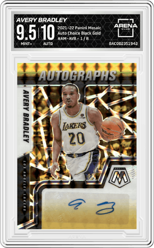 Avery Bradley from the 2021-22 Panini Mosaic  set featuring a Choice Black Gold parallel graded by Arena Club and given an overall grade of 9.5.