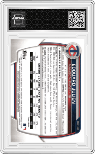 Edouard Julien from the 2023 Bowman  set featuring a Rose Gold Lava Refractor parallel graded by Arena Club.