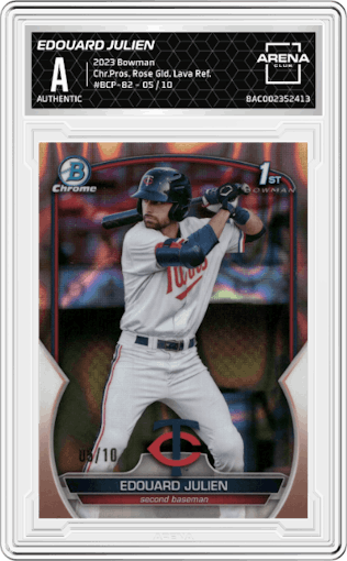 Edouard Julien from the 2023 Bowman  set featuring a Rose Gold Lava Refractor parallel graded by Arena Club.