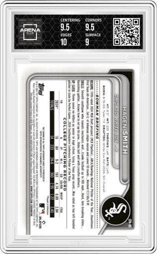 Hagen Smith from the 2024 Bowman Draft Sapphire Edition set graded by Arena Club and given an overall grade of 9.5.
