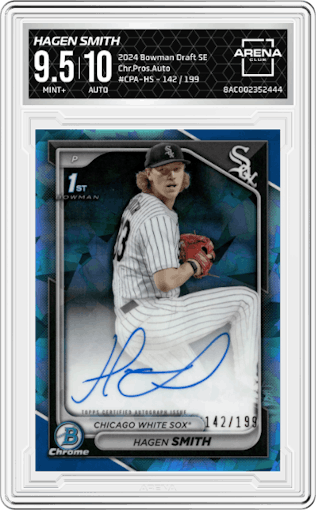 Hagen Smith from the 2024 Bowman Draft Sapphire Edition set graded by Arena Club and given an overall grade of 9.5.