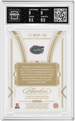 Anthony Richardson from the 2023 Panini Flawless Collegiate set featuring a Gold parallel graded by Arena Club and given an overall grade of 9.5.