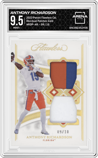 Anthony Richardson from the 2023 Panini Flawless Collegiate set featuring a Gold parallel graded by Arena Club and given an overall grade of 9.5.