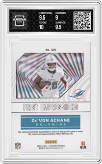 De'Von Achane from the 2023 Panini Illusions set featuring a Red parallel graded by Arena Club and given an overall grade of 9.5.